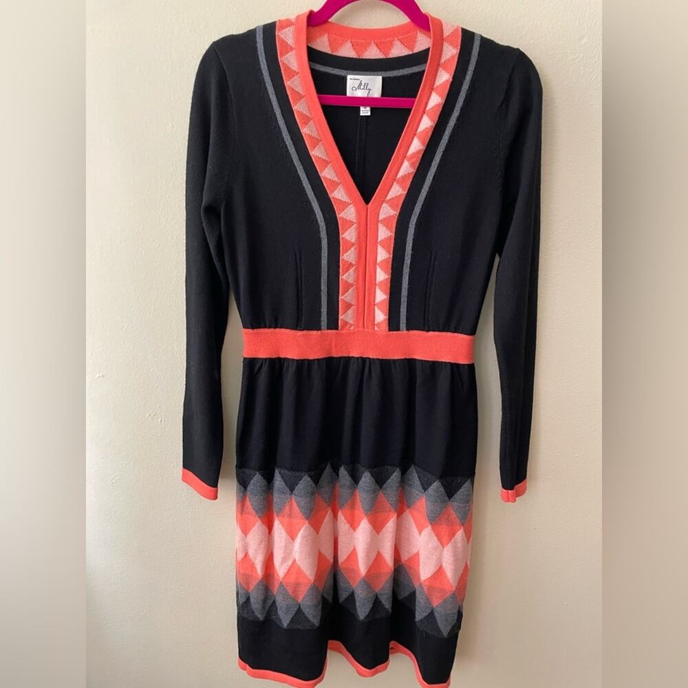 Milly Wool V-Neck A-Line Geo Print Sweater Dress Black Orange Gray Size Small